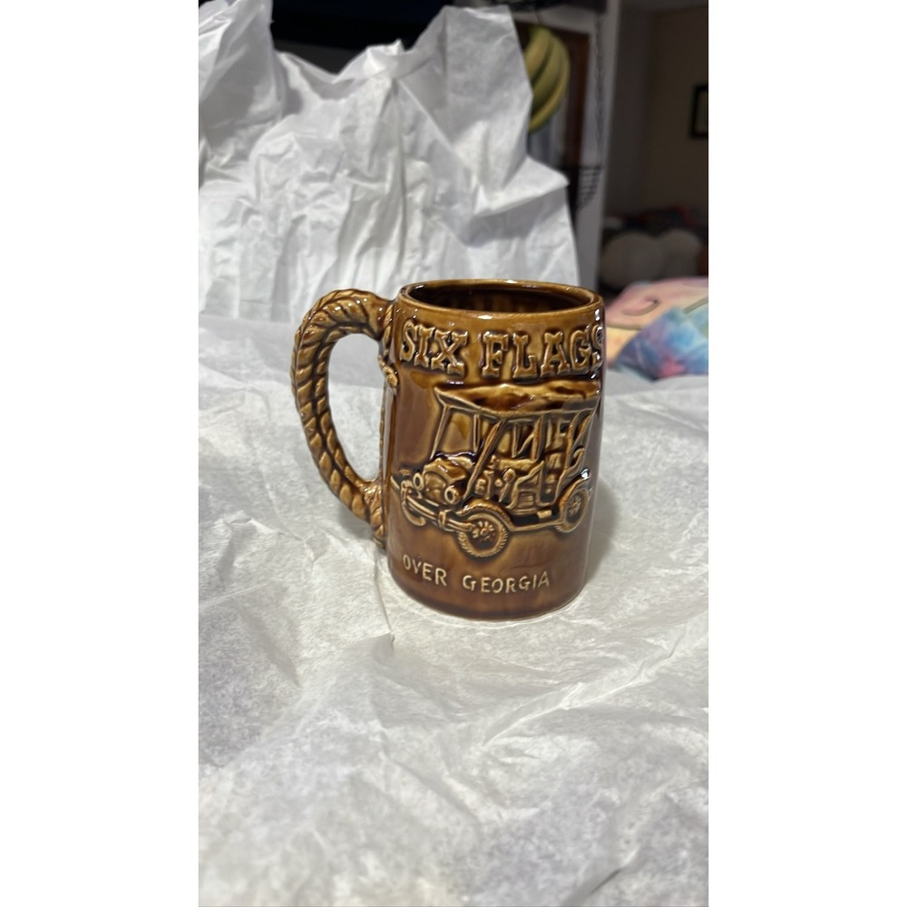 Six Flags Over Georgia Ceramic Beer Stein Mug Rope Handle